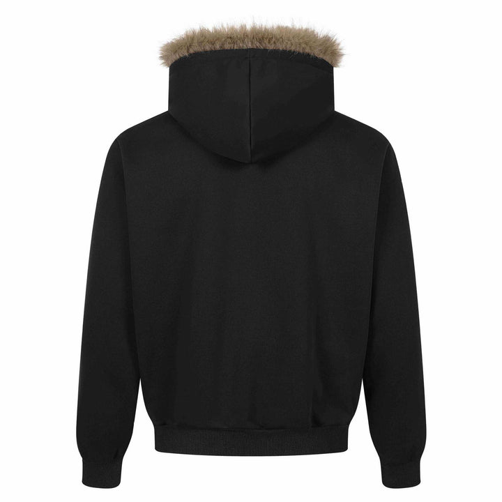Women's hooded sweatshirt jacket with artificial fur trim, front zip and collage print Mune Fashion