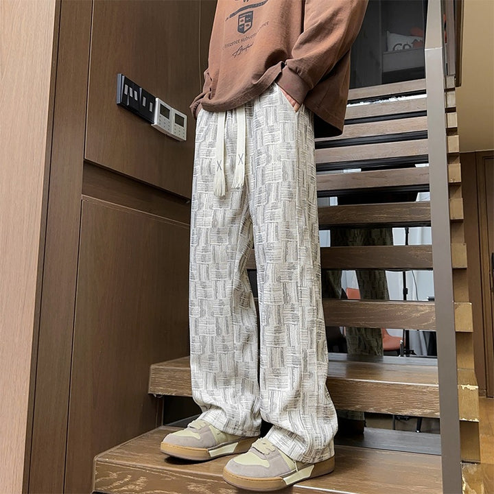 Men's Wide Structured Linen Look Pants with Relaxed Silhouette and Graphic Pattern Mune Fashion