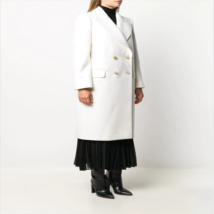 Women Slim Double-Breasted Wool Blend Long Coat with Shawl Collar, Gold Button Detail and Flap Pockets Mune Fashion