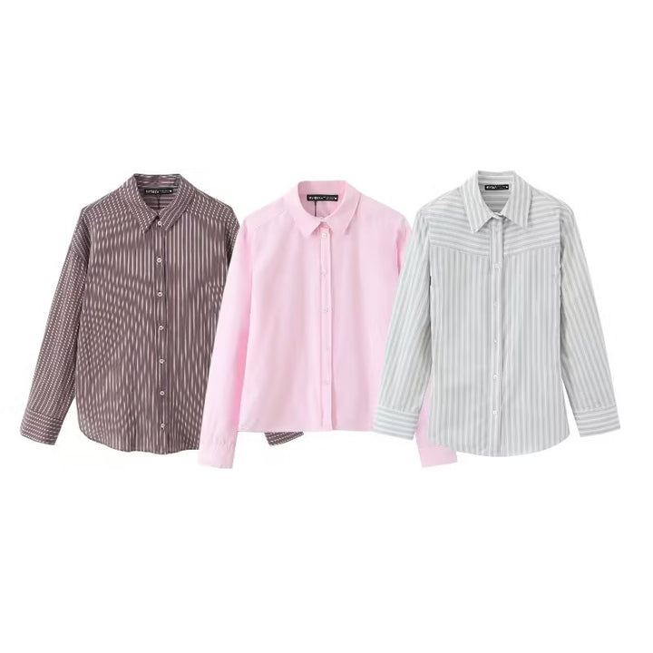 Women Striped Blouse with Western Yoke and Kent Collar Mune Fashion