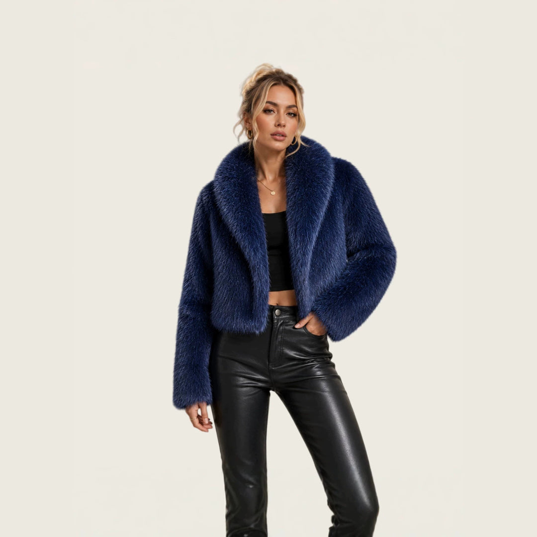 Ladies short cut luxury faux fur bolero with voluminous shawl collar Mune Fashion
