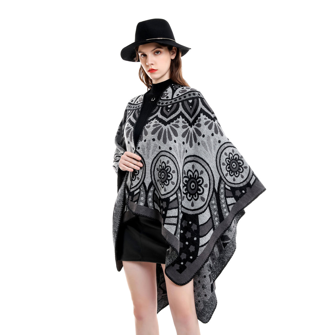 Women's wool blend cape poncho with ornamental jacquard structure and open fall Mune Fashion