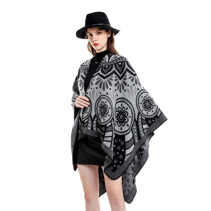 Women's wool blend cape poncho with ornamental jacquard structure and open fall Mune Fashion