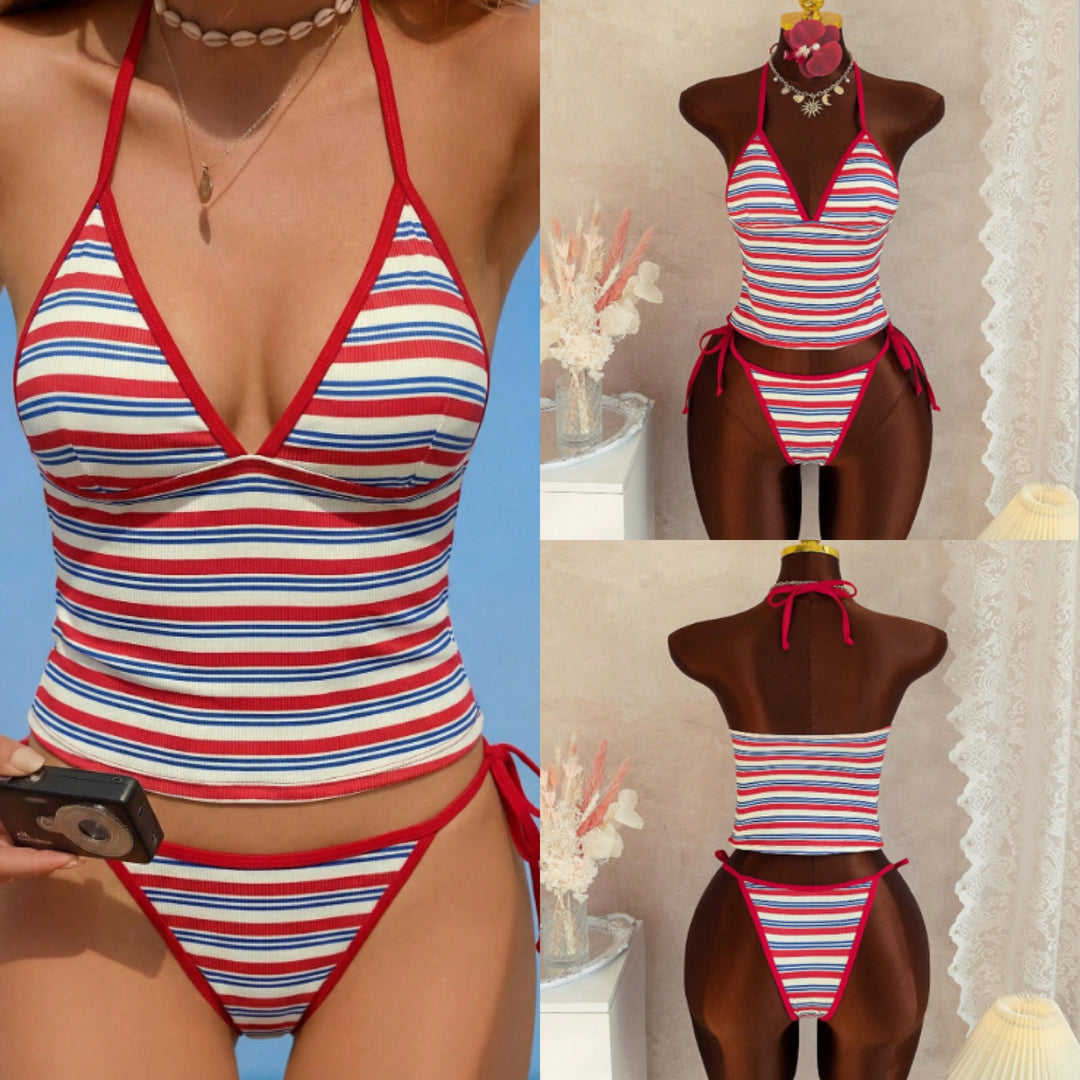Women's High-Cut Striped Bikini with Adjustable Straps Mune Fashion