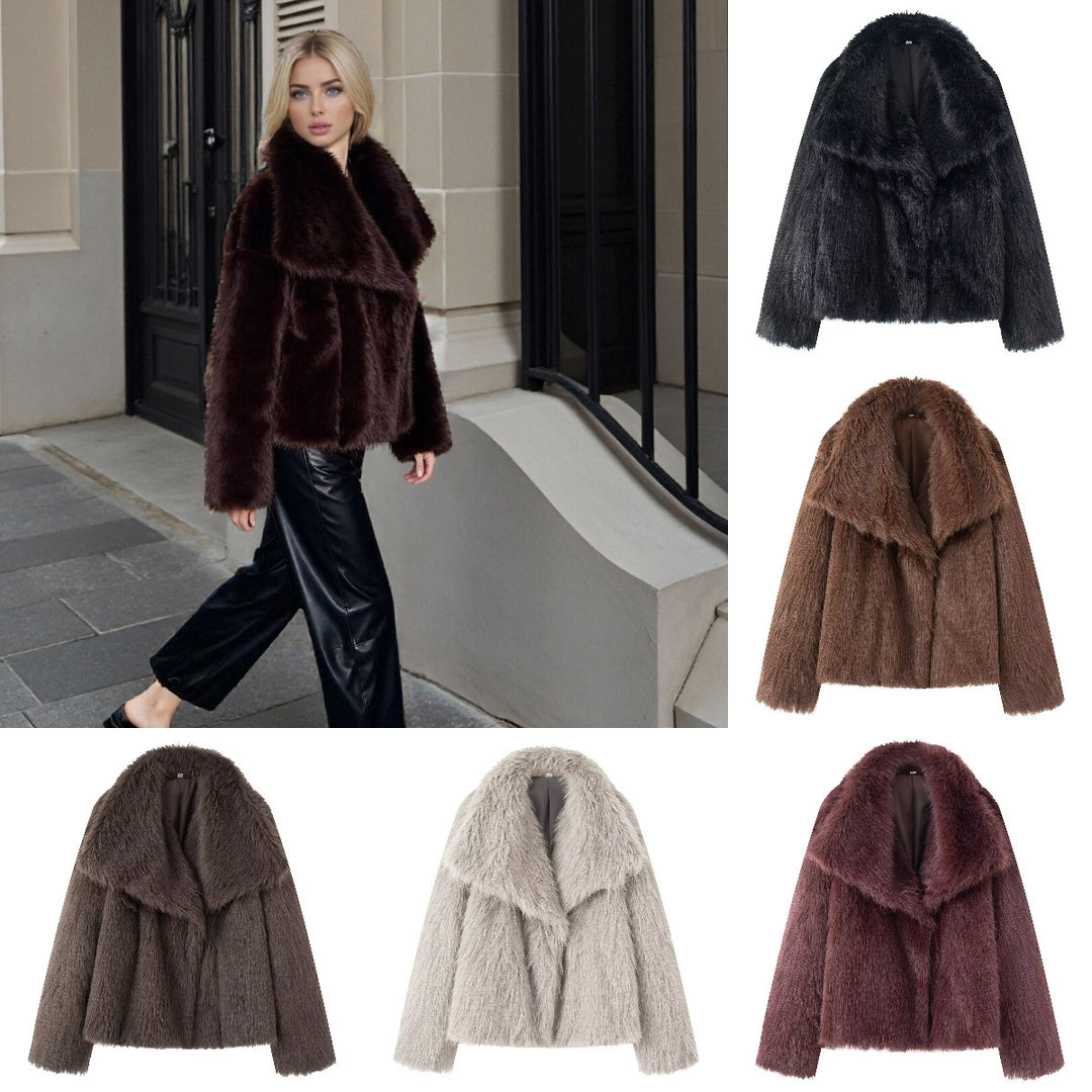 Women's Short Boxy Faux Fur Coat with Generous Shawl Collar and Soft Lining Mune Fashion