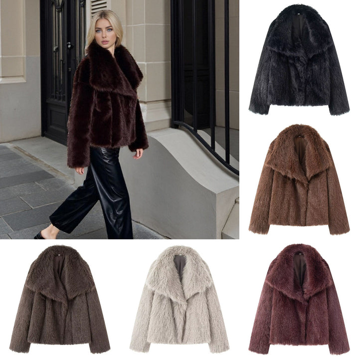 Women's Short Boxy Faux Fur Coat with Generous Shawl Collar and Soft Lining Mune Fashion