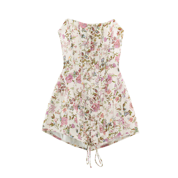 Ladies short jacket made of floral lace with mandarin collar and decorative straps Drune