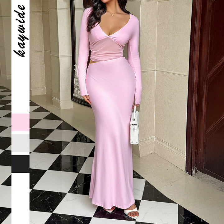 Women's tailored maxi dress with deep V-neck, side cut-out and figure-hugging stretch silhouette Mune Fashion