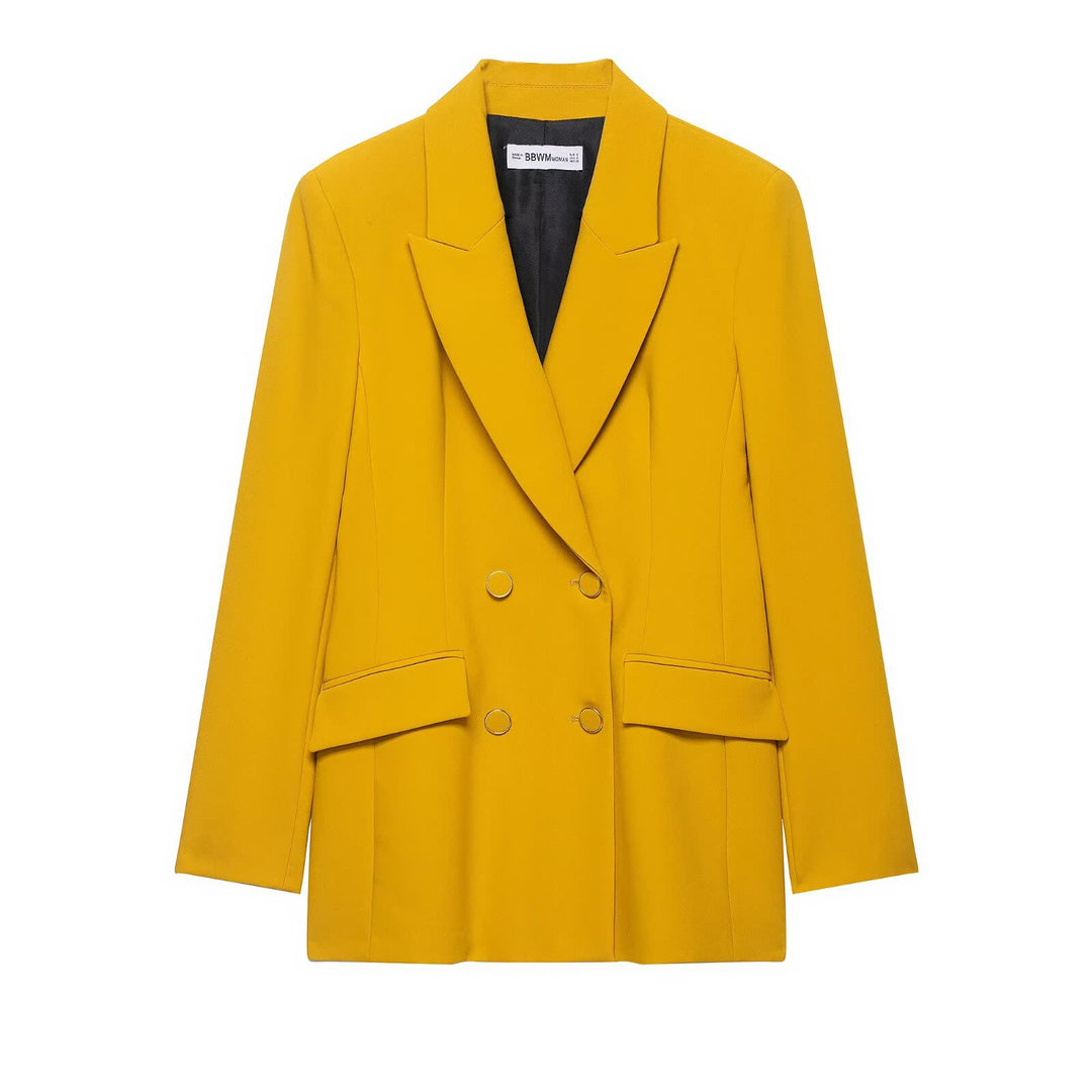 Women's double-breasted long blazer with striking lapels and decorative eyelet buttons Drune