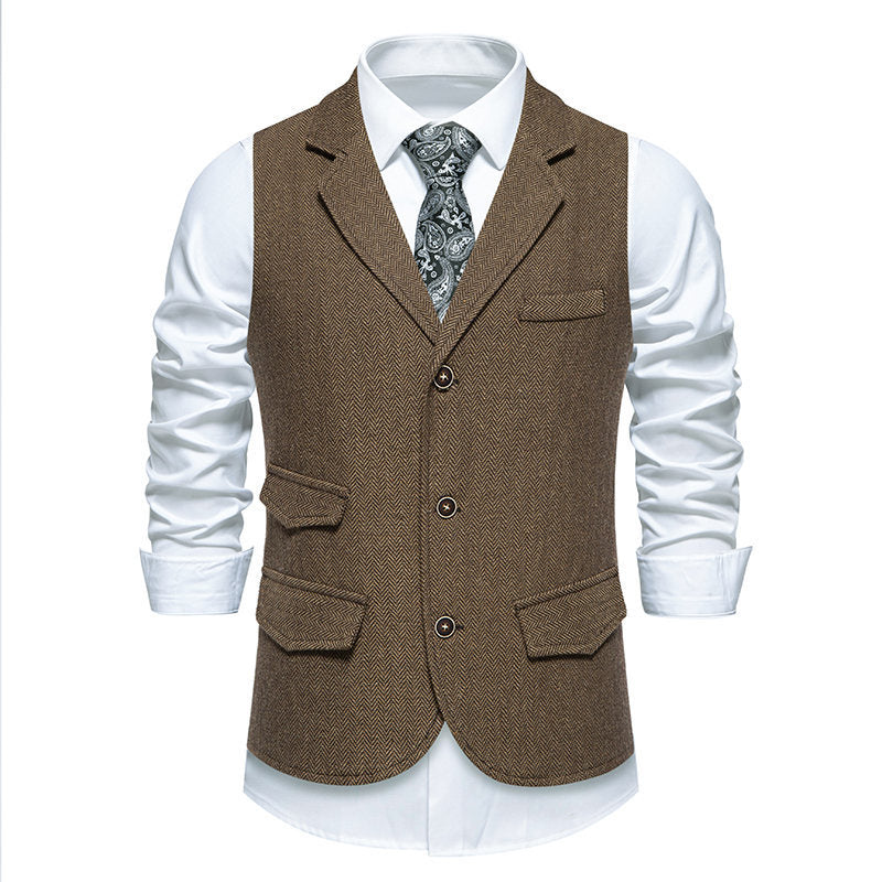 Men's tweed vest with herringbone structure, lapel collar and flap pockets Mune Fashion