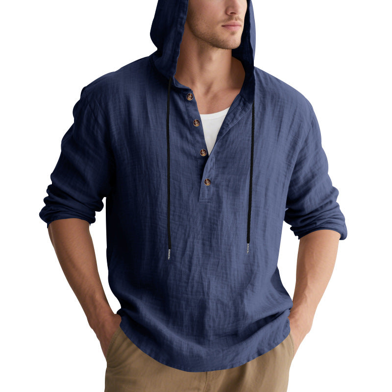 Men's casual linen henley with hood, drawstring and three-button placket Mune Fashion