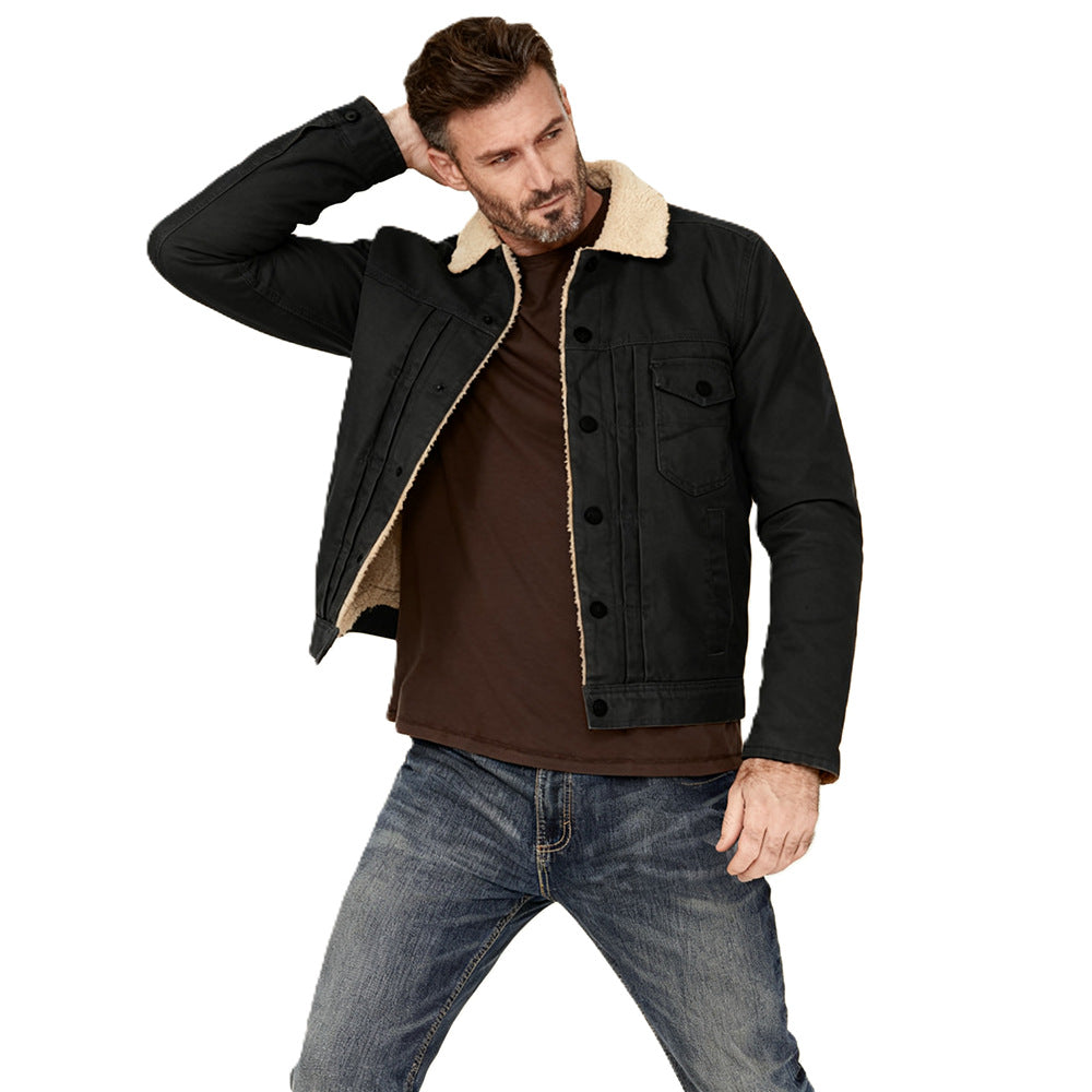 Men's Canvas Trucker Jacket with Teddy Lining and Cord Collar Mune Fashion