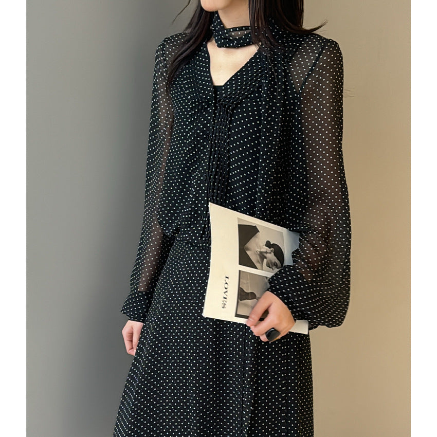 Women Chiffon Blouse with Bow Collar, Polka Dot Pattern and Pleat Detail Mune Fashion