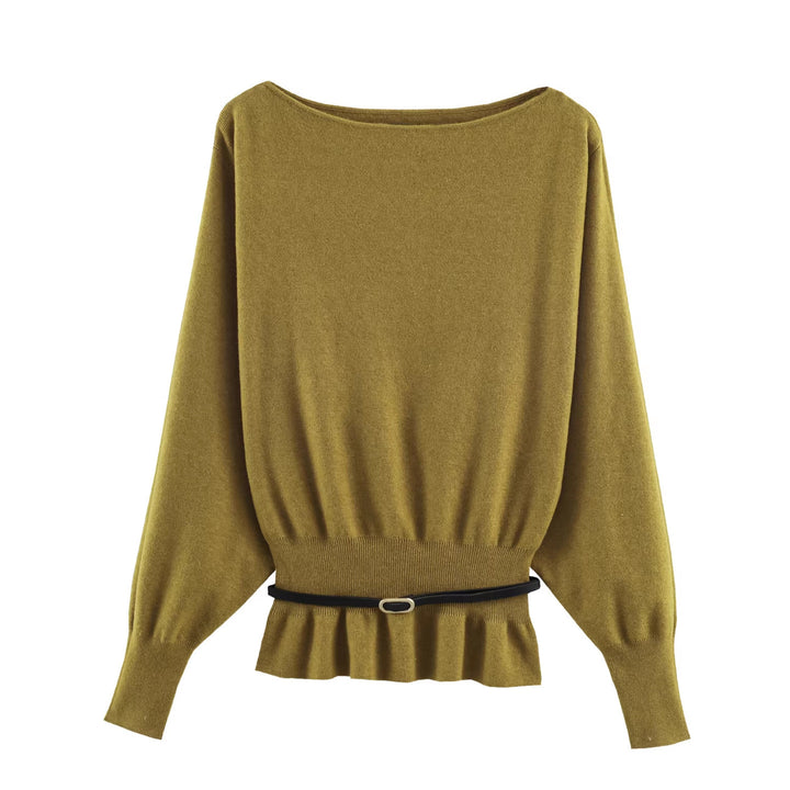 Women's Oversized Knit Sweater with Boat Neck, Batwing Sleeves, Gathered Ribbed Hem, and Waist Belt Mune Fashion