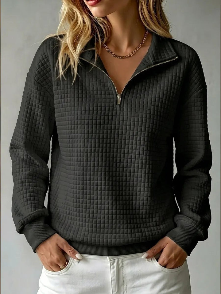 Women's Quilted Fleece Pullover with Half Zipper and Stand-Up Collar Mune Fashion