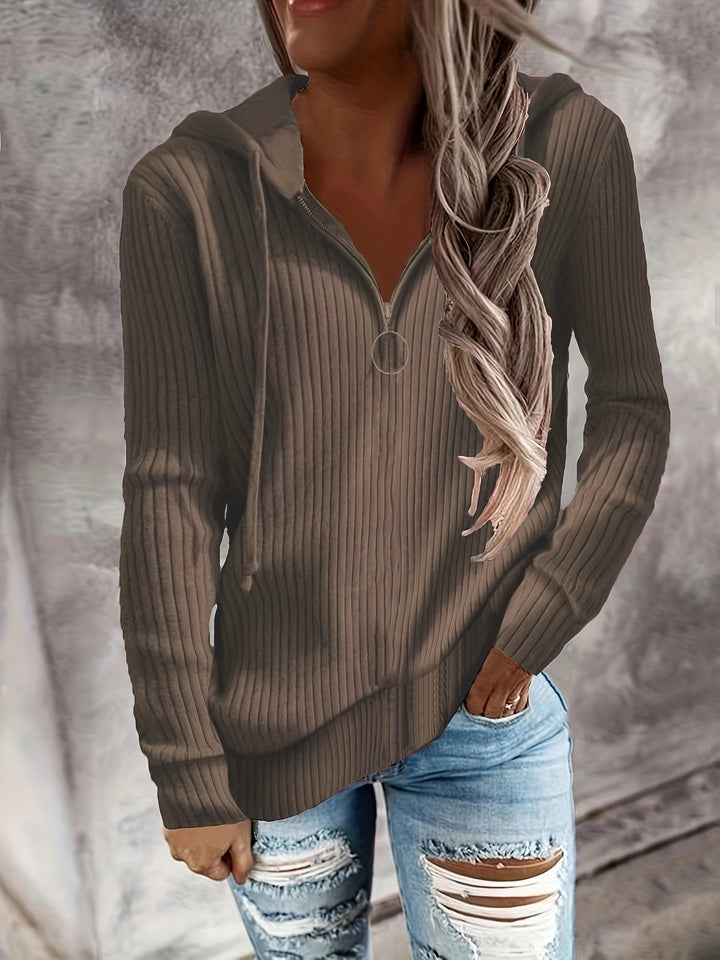 Women's Casual Ribbed Knit Hoodie with Half-Zip and Ring Zipper Drune