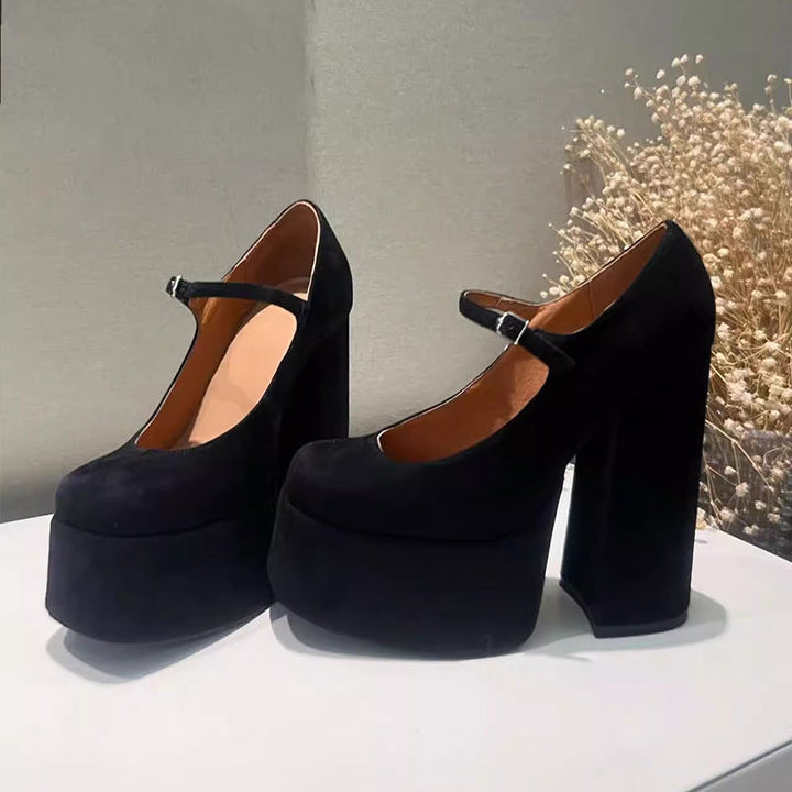 Women's Mary-Jane Platform Pumps with Sculpted Block Heel and Adjustable Strap Mune Fashion