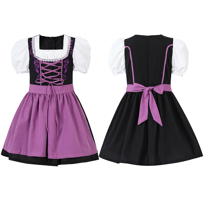 Ladies traditional Dirndl dress with laced bodice, puff sleeves and removable apron Mune Fashion