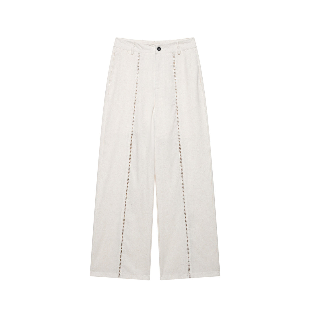 Women's Two-Piece Ensemble with Wrap Blouse with Waist Tie and Wide-Cut Linen Pants with Decorative Stripes Mune Fashion