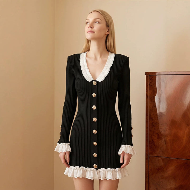 Women's Fitted Ribbed Mini Dress with V-Neck, Lace Trim, and Decorative Button Placket Mune Fashion