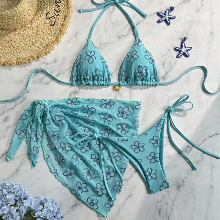 Ladies flower-embellished bikini with colorful over-skirt Mune Fashion