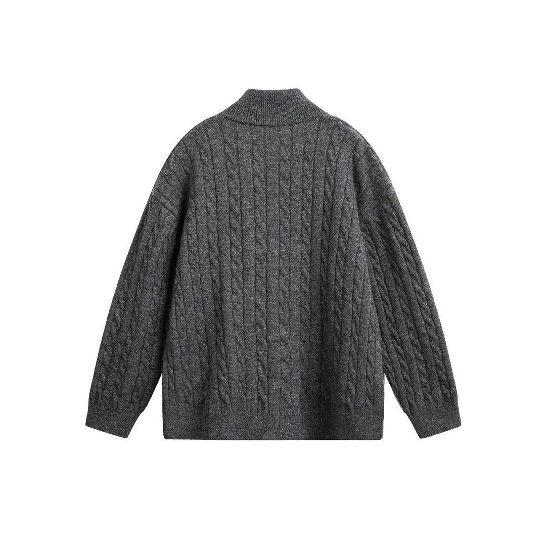 Unisex chunky knit pullover with cable pattern, high stand-up collar and two-way zipper Mune Fashion