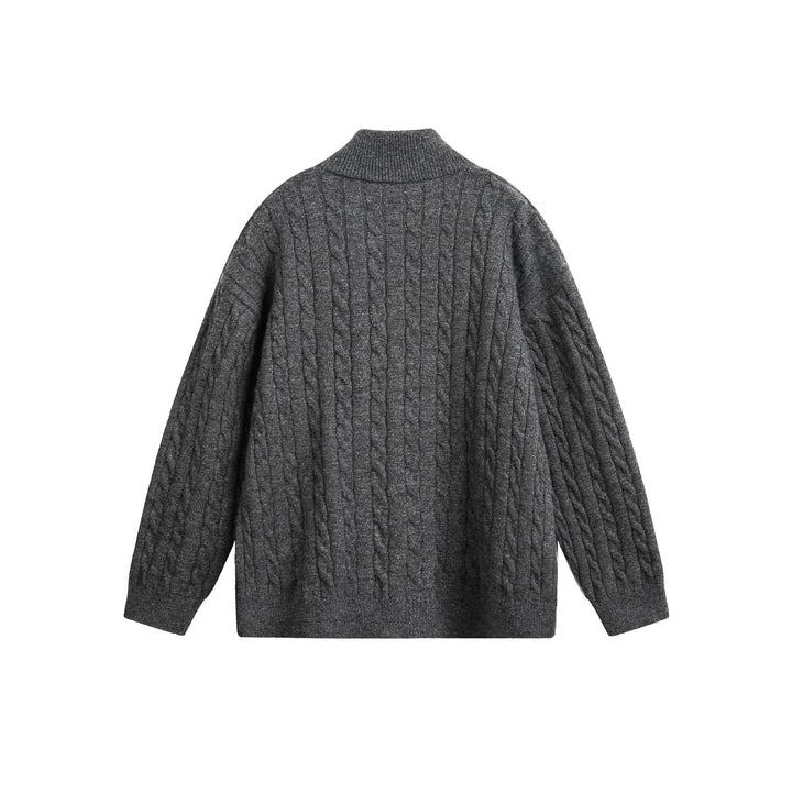 Unisex chunky knit pullover with cable pattern, high stand-up collar and two-way zipper Mune Fashion