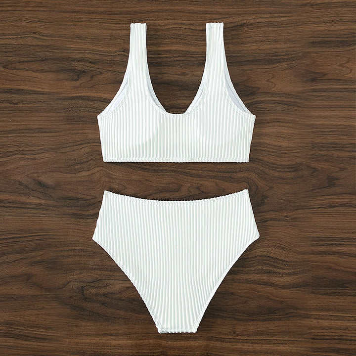 Ladies High-Waisted Bikini Set with Elegant Striped Pattern Mune Fashion