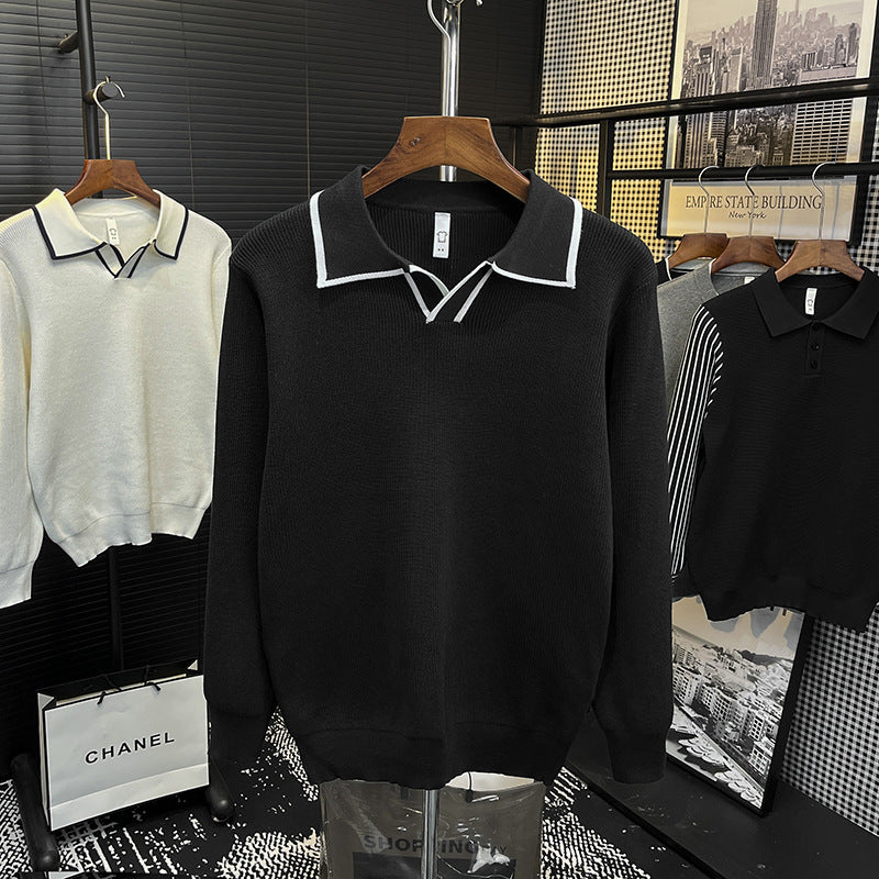 Men's Fine Knit Polo Sweater with Contrast Piping and Shirt Collar Mune Fashion