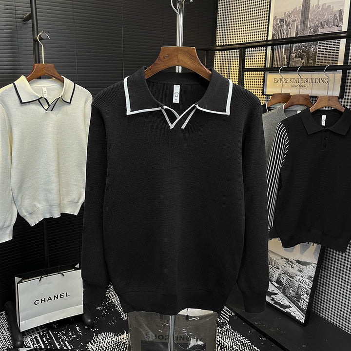 Men's Fine Knit Polo Sweater with Contrast Piping and Shirt Collar Mune Fashion