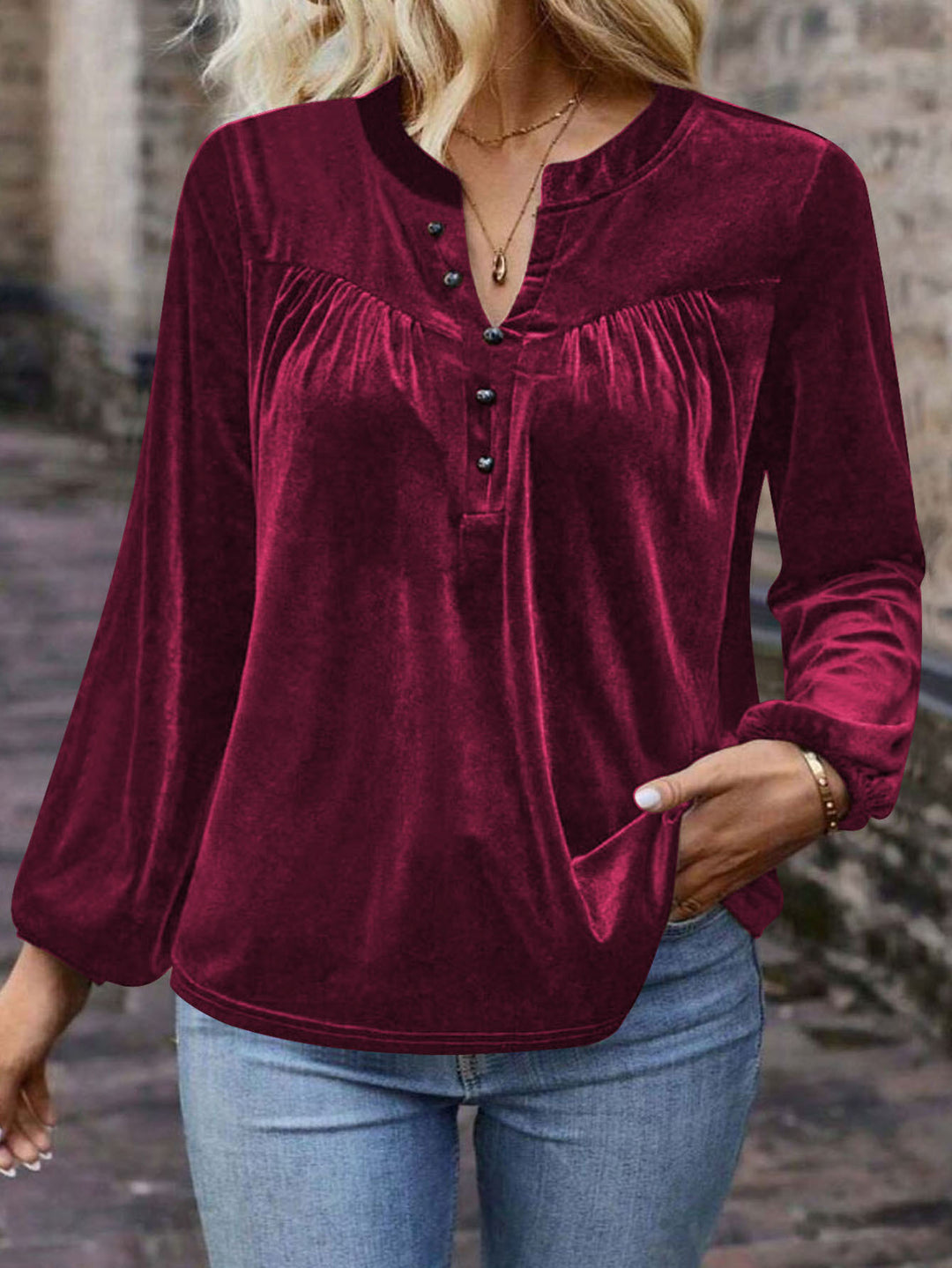 Women's velour sweatshirt with Henley button placket, gathered chest yoke, and relaxed silhouette Mune Fashion
