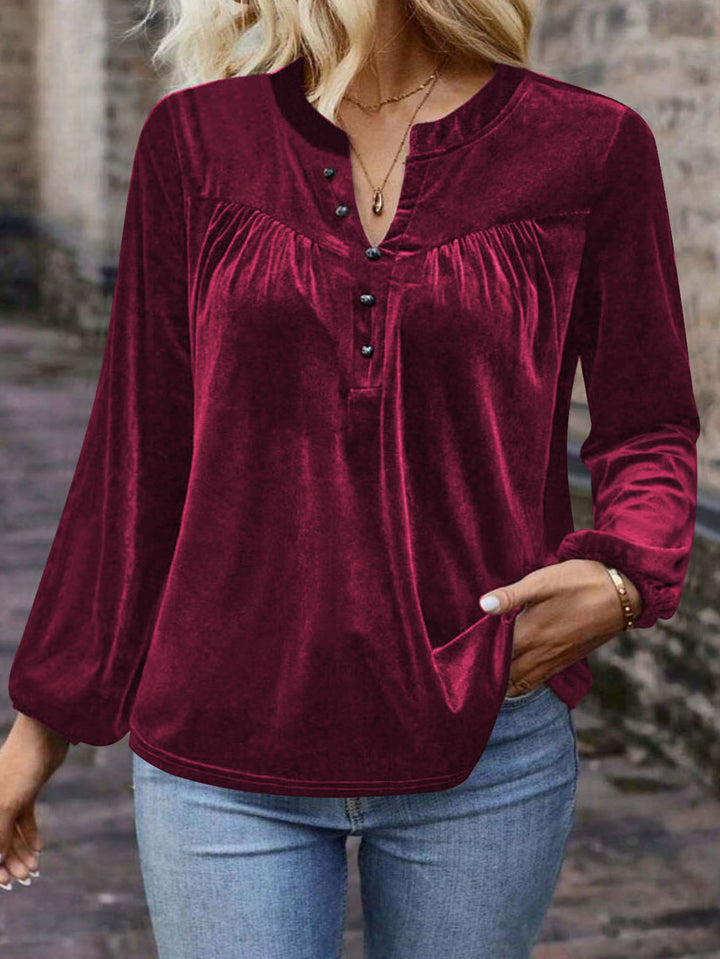 Women's velour sweatshirt with Henley button placket, gathered chest yoke, and relaxed silhouette Mune Fashion