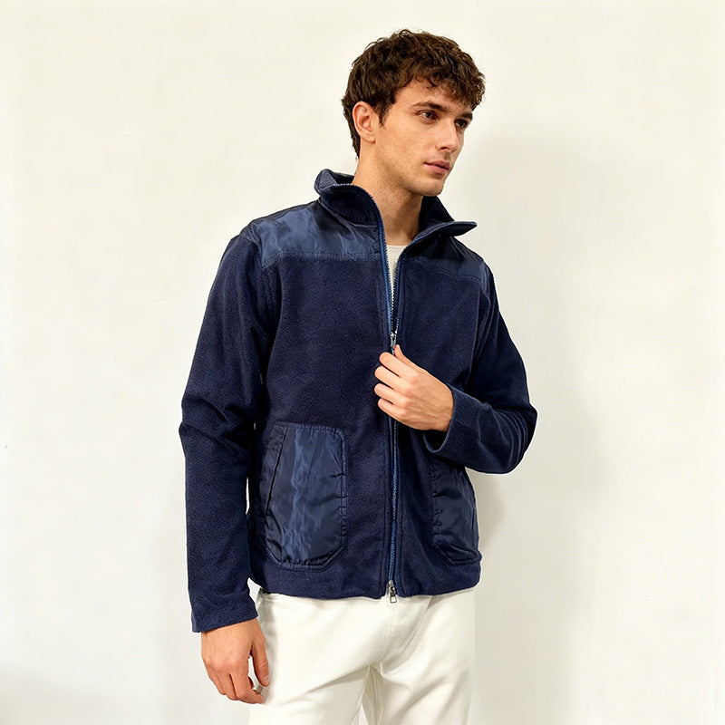 Men's fleece jacket with stand-up collar, two-material panel and zipper Mune Fashion