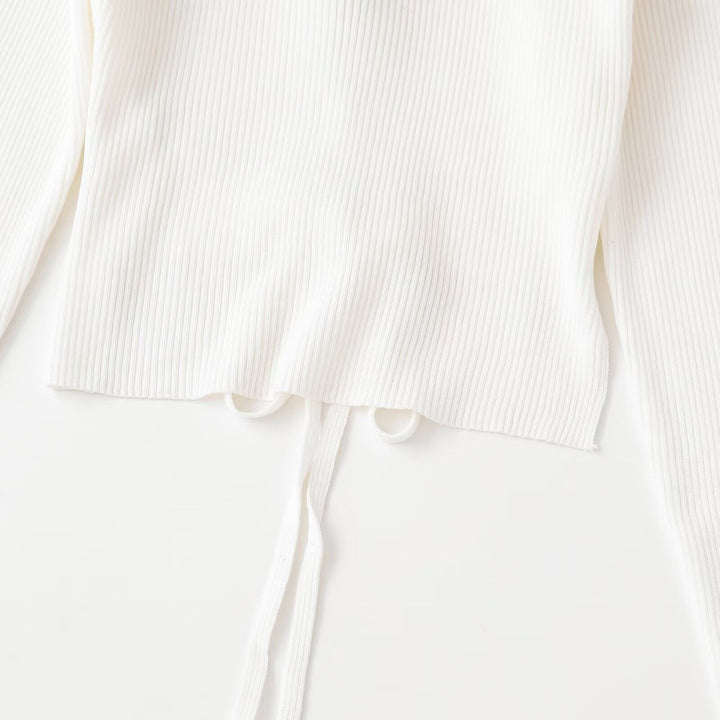 Women Ribbed Long Sleeve Sweater Short Cut with Back Lacing Mune Fashion
