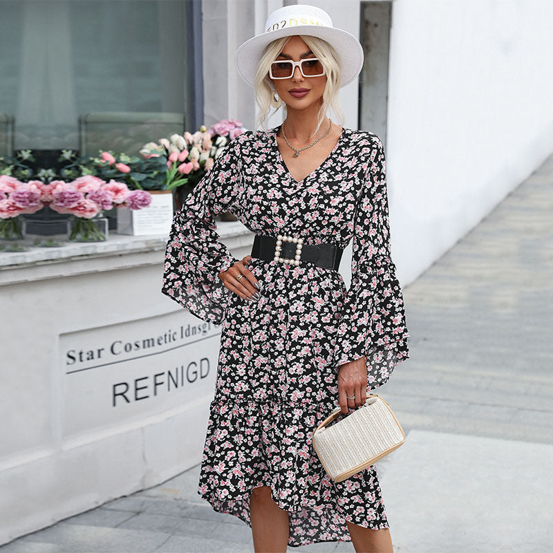 Women's midi dress in chiffon look with floral print, V-neck, bell sleeves and tiered ruffles Mune Fashion