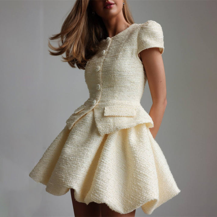 Women's Figure-Hugging Tweed Mini Dress with Peplum and Button Placket Mune Fashion