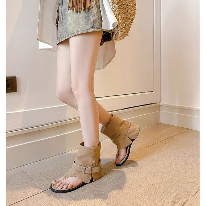 Women Open Sandals-Ankle Boots with Sock Collar and Buckle Straps Mune Fashion