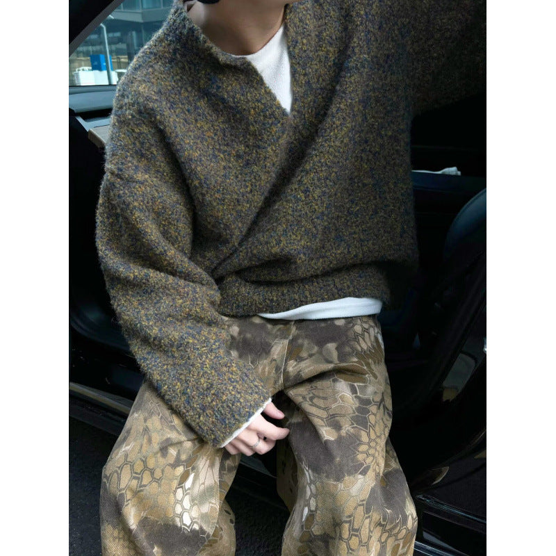 Men's Mélange Chunky Knit Sweater with V-Slit and Loose Oversized Fit Mune Fashion