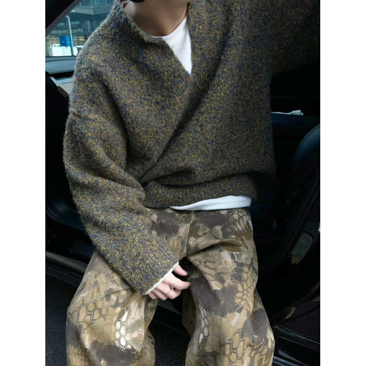 Men's Mélange Chunky Knit Sweater with V-Slit and Loose Oversized Fit Mune Fashion