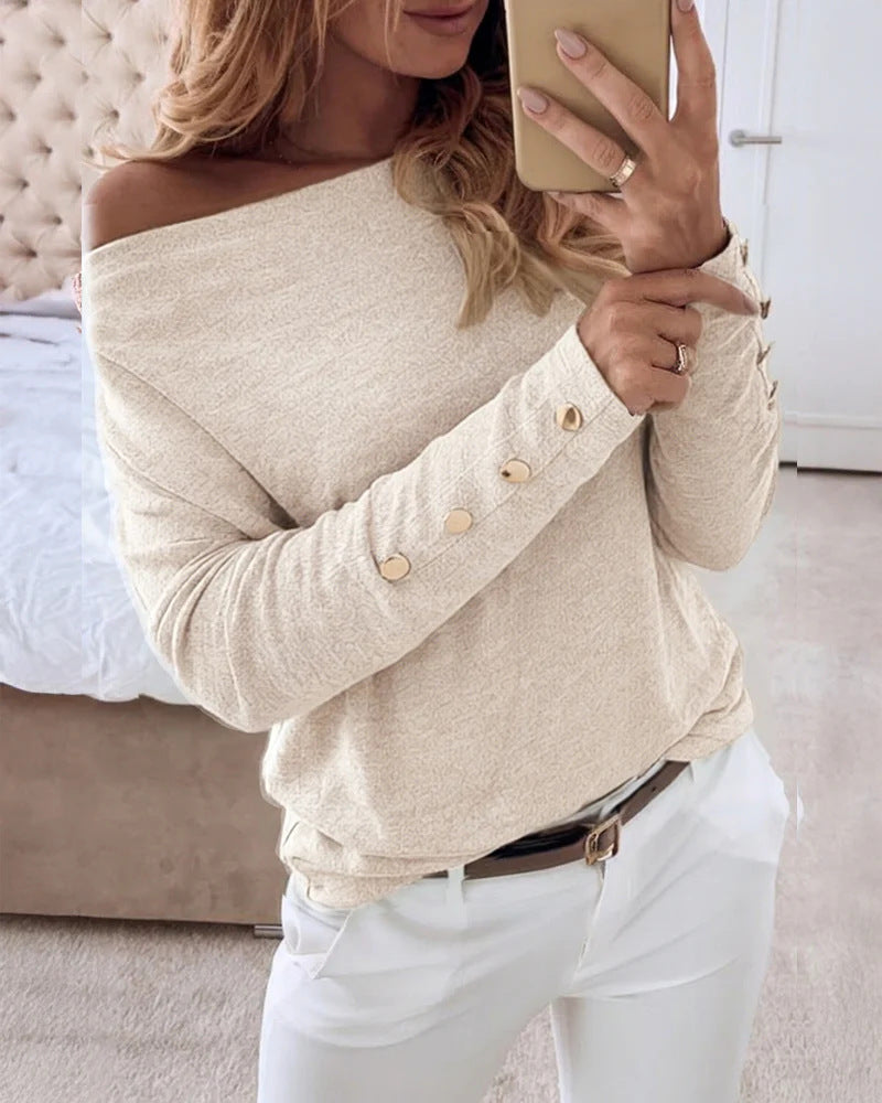 Women's Off-shoulder fine knit pullover with decorative button placket on the sleeves Drune