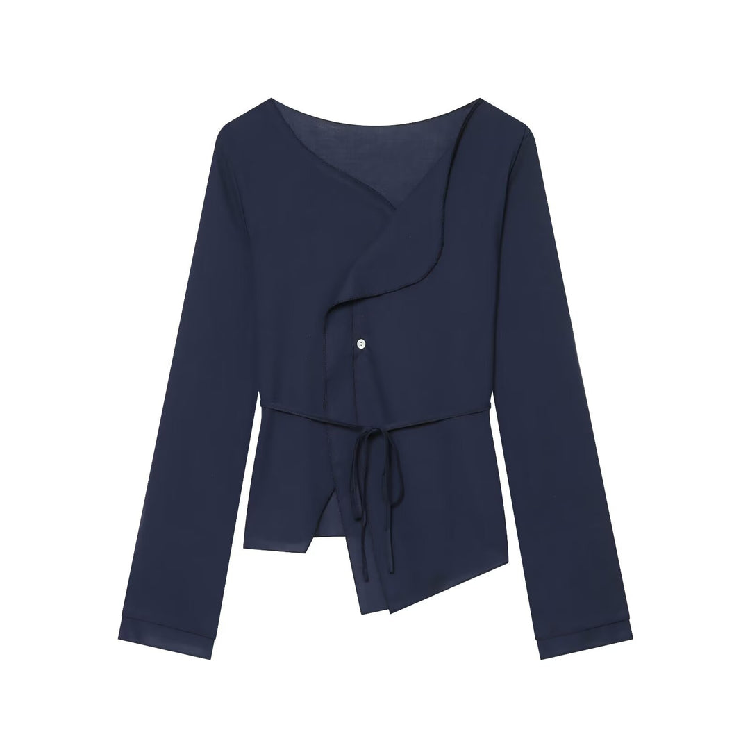 Women's wrap blouse with waist tie, asymmetrical hem and gathered edges Mune Fashion