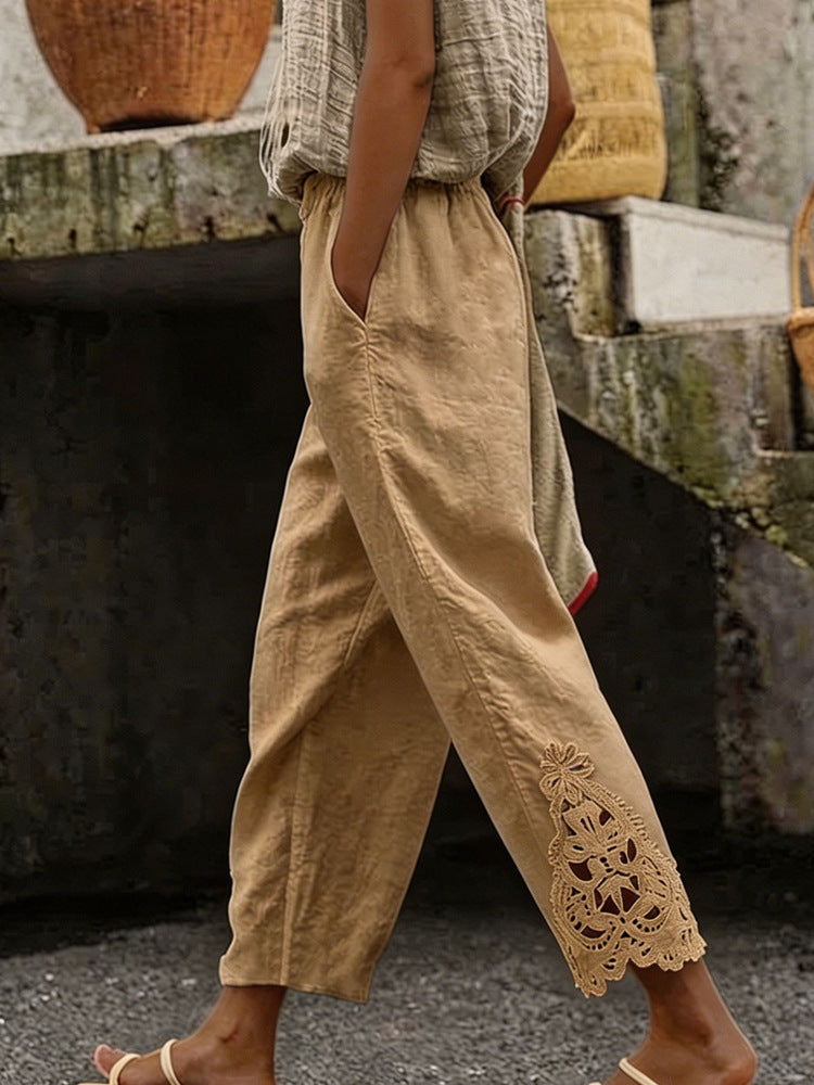 Women's casual pants made of linen blend with elastic drawstring waistband and lace embroidery on the leg