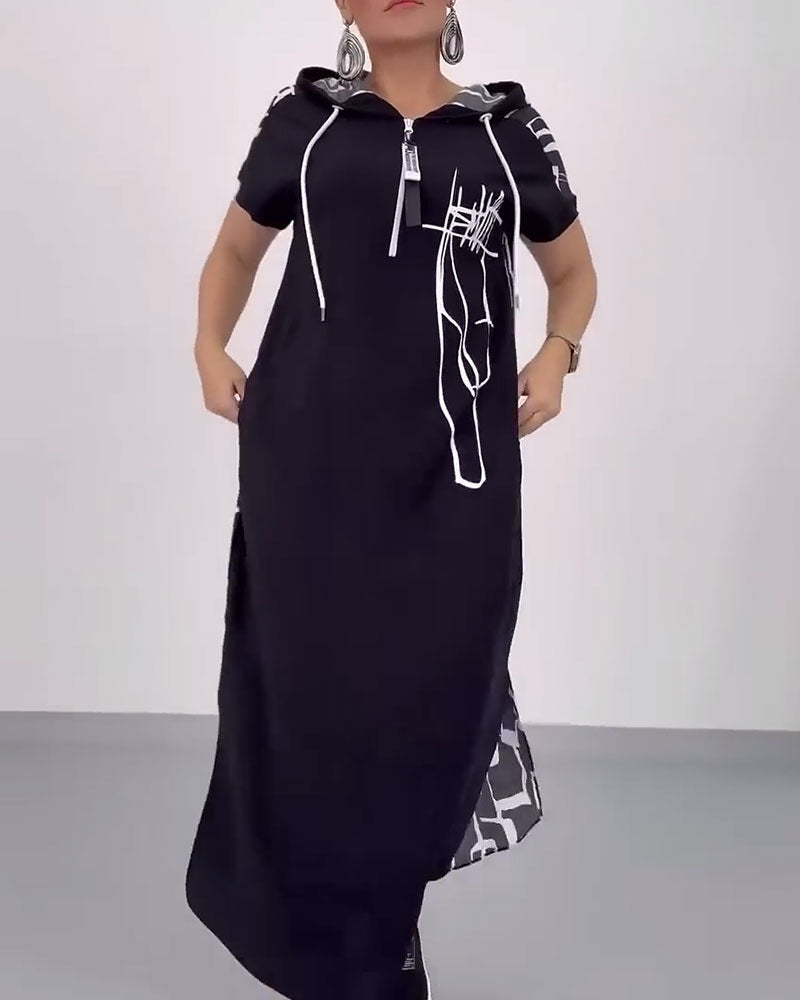 Women's casual hooded kaftan dress in loose fit with short sleeve cut and abstract graphic pattern Mune Fashion