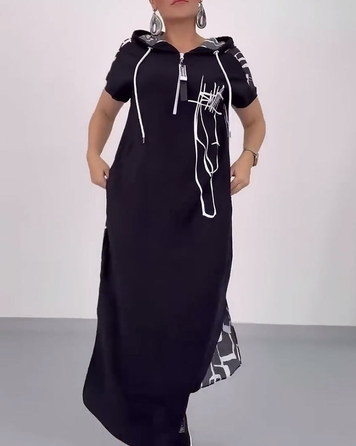 Women's casual hooded kaftan dress in loose fit with short sleeve cut and abstract graphic pattern Mune Fashion