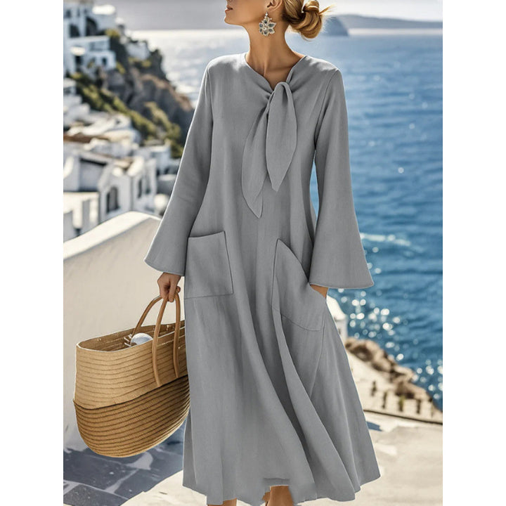 Women's Lightweight Maxi Dress with Bind Bow, Bell Sleeves and Patch Pockets Mune Fashion