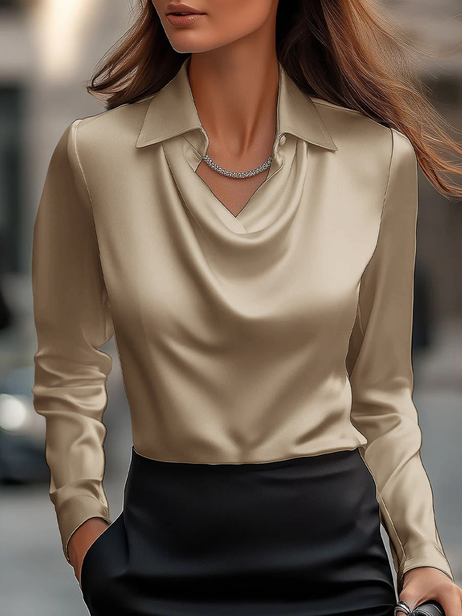 Women's Silk Blouse with Stylish Waterfall Neckline and Long Sleeves Mune
