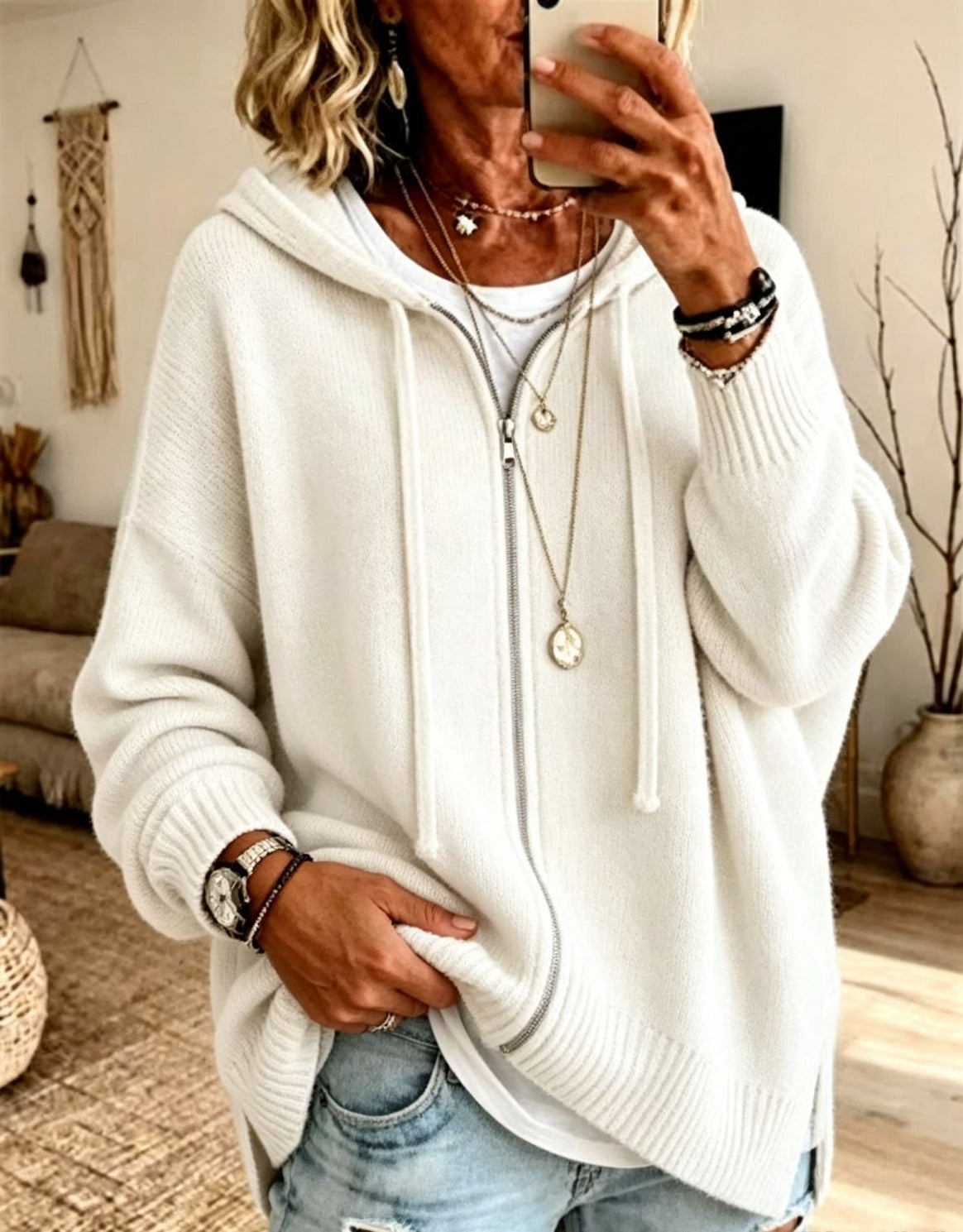 Women's Oversize Hooded Zip Cardigan made of soft fine knit Mune Fashion