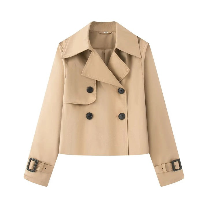 Women's short cropped trench coat with double-breasted button placket and adjustable sleeve straps Mune Fashion