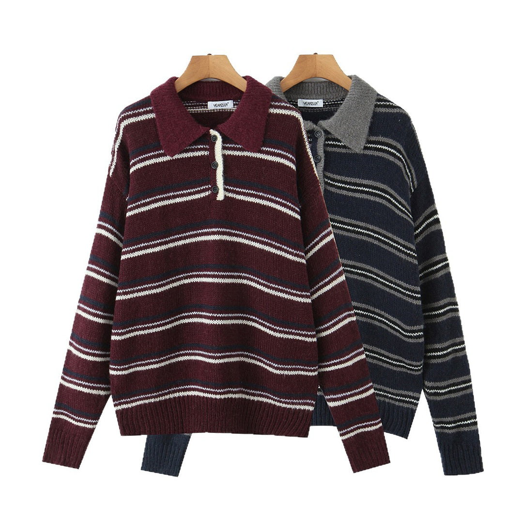 Women Striped Knit Sweater with Polo Collar and Oversized Sleeves Mune Fashion