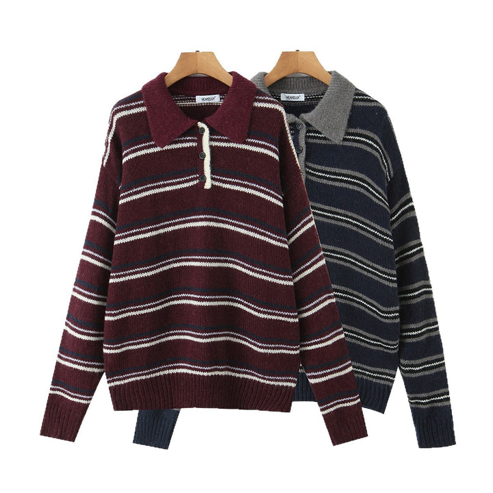 Women Striped Knit Sweater with Polo Collar and Oversized Sleeves Mune Fashion
